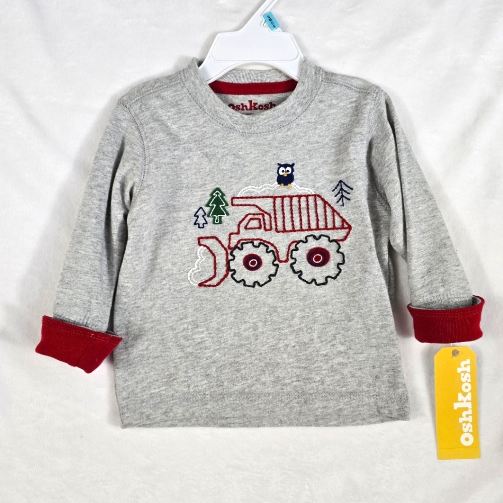 NWT 9-12M BOYS LONG-SLEEVED Tee SHIRT OSCHGOSH -Gray & Red + SNOWPLOW TRUCK (Q2)